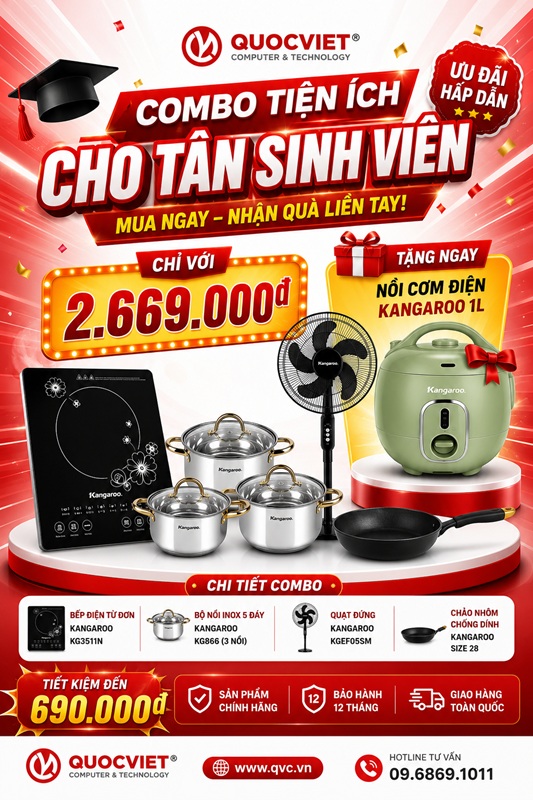 Ưu đãi combo gia dụng Kangaroo cho Tân sinh viên: Sắm trọn bộ căn bếp, tặng ngay nồi cơm điện