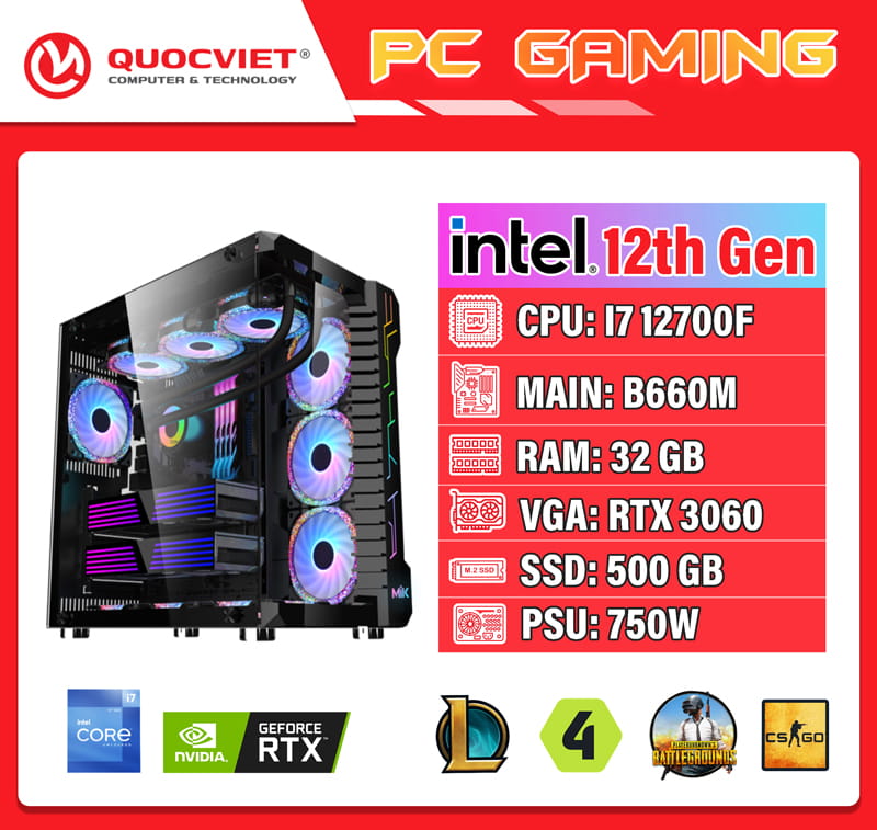 PC GAMING I7 thế hệ 12 (I7 12700F/B660/32GB RAM/500GB SSD/RTX 3060)