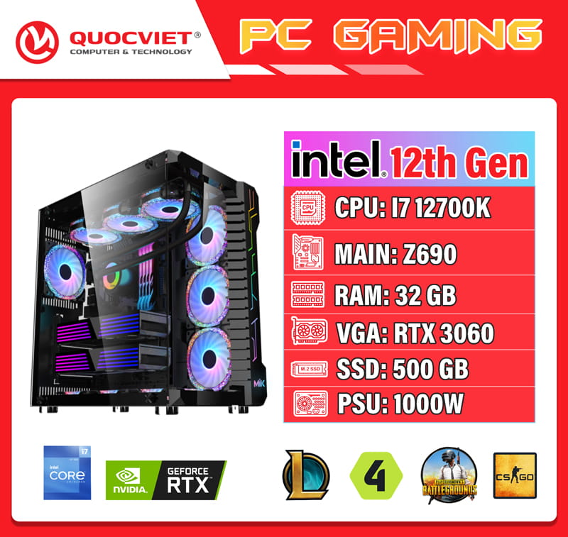 PC GAMING I7 thế hệ 12 (I7 12700K/Z690/32GB RAM/500GB SSD/RTX 3060)