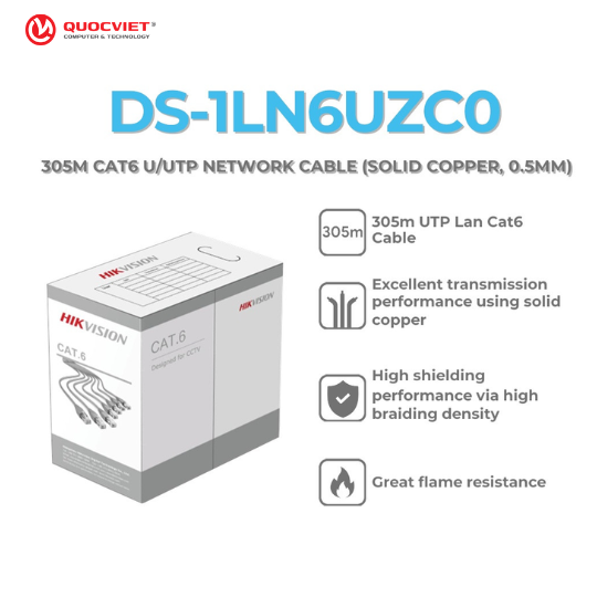 Dây mạng Hikvision Cat6 DS-1LN6UZC0 (không chống cháy-thùng màu xám)