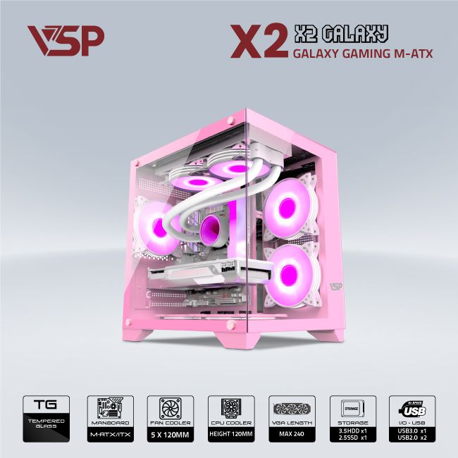 Vỏ Case VSP X2 AQUANAUT Galaxy Gaming Pink(M-ATX) ( NO FAN)