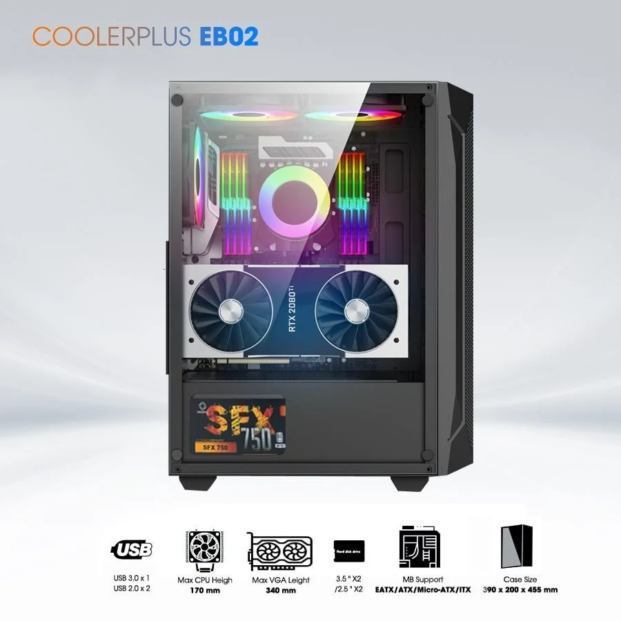 Vỏ thùng Coolerplus CPC-EB02 to lắp đua Xeon ( Sẵn 3 Fan Led )