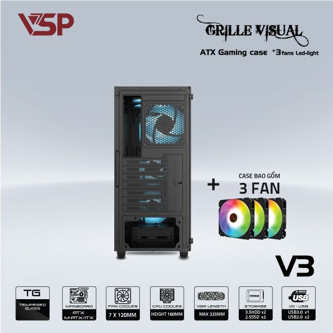 Vỏ thùng VSP V3 Black (370x200x440) (kèm 3 Fan)