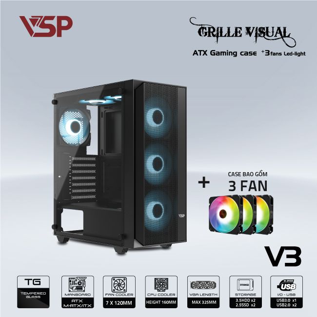 Vỏ thùng VSP V3 Black (370x200x440) (kèm 3 Fan)