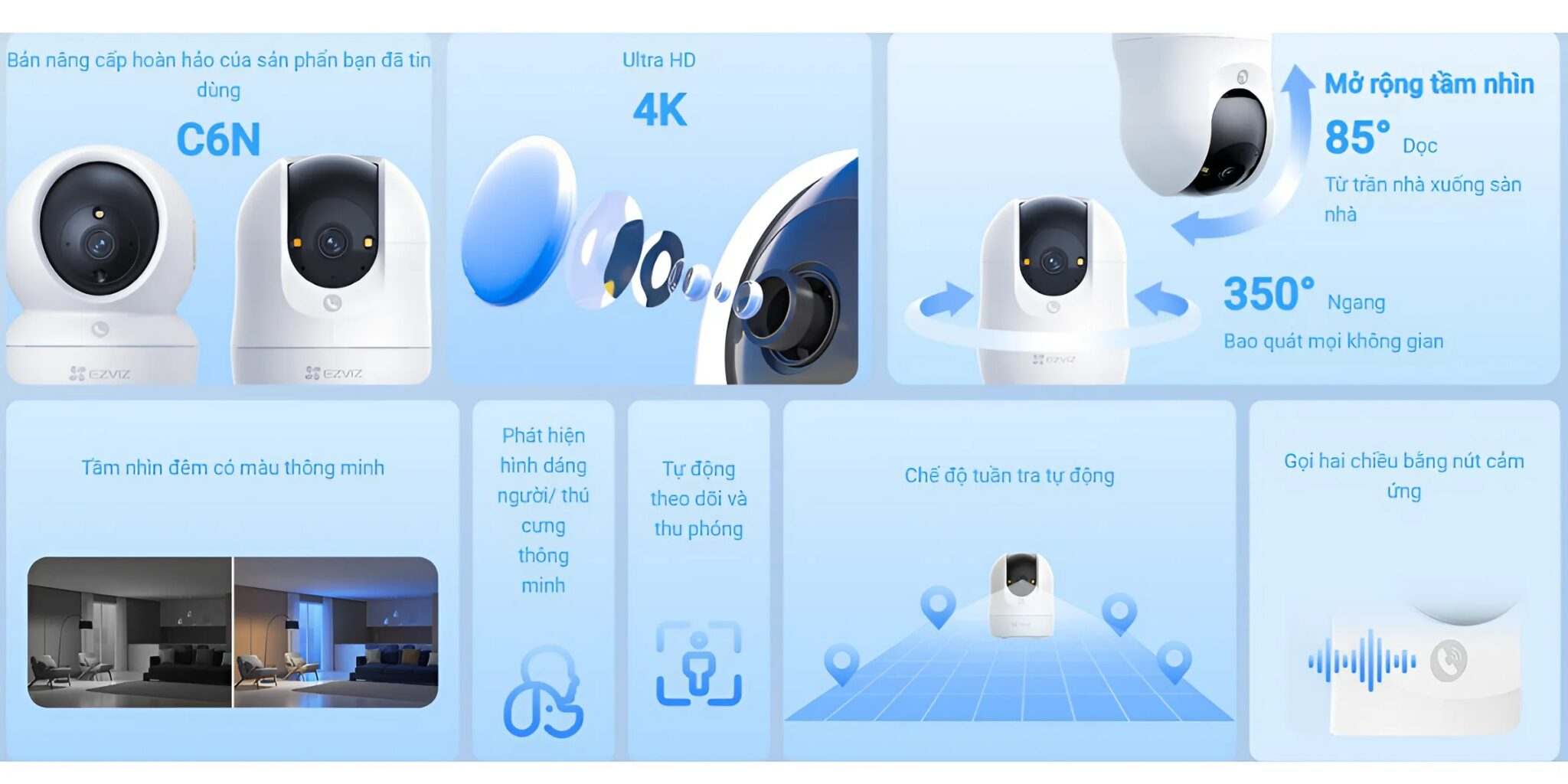 Camera EZVIZ C6N G1 4K 8MP quay quét 360 độ trong nhà, đàm thoại 2 chiều, có màu ban đêm