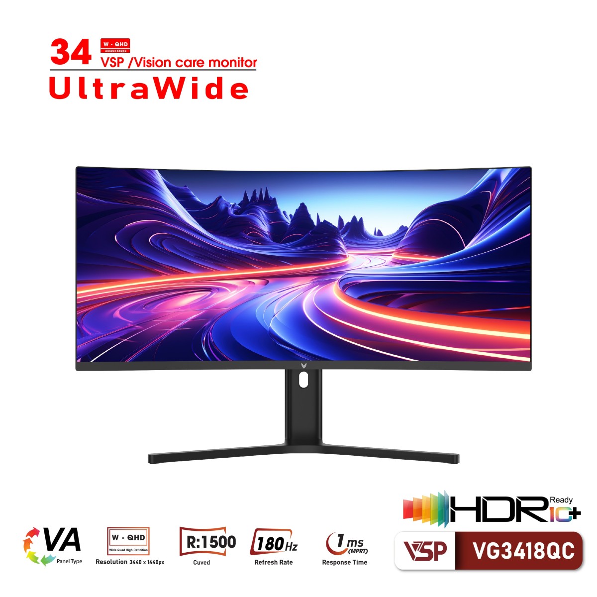 Màn hình cong ULTRAWIDE Gaming VSP VG3418QC 34 inch/ WQHD/ VA/ 180Hz/ 1ms