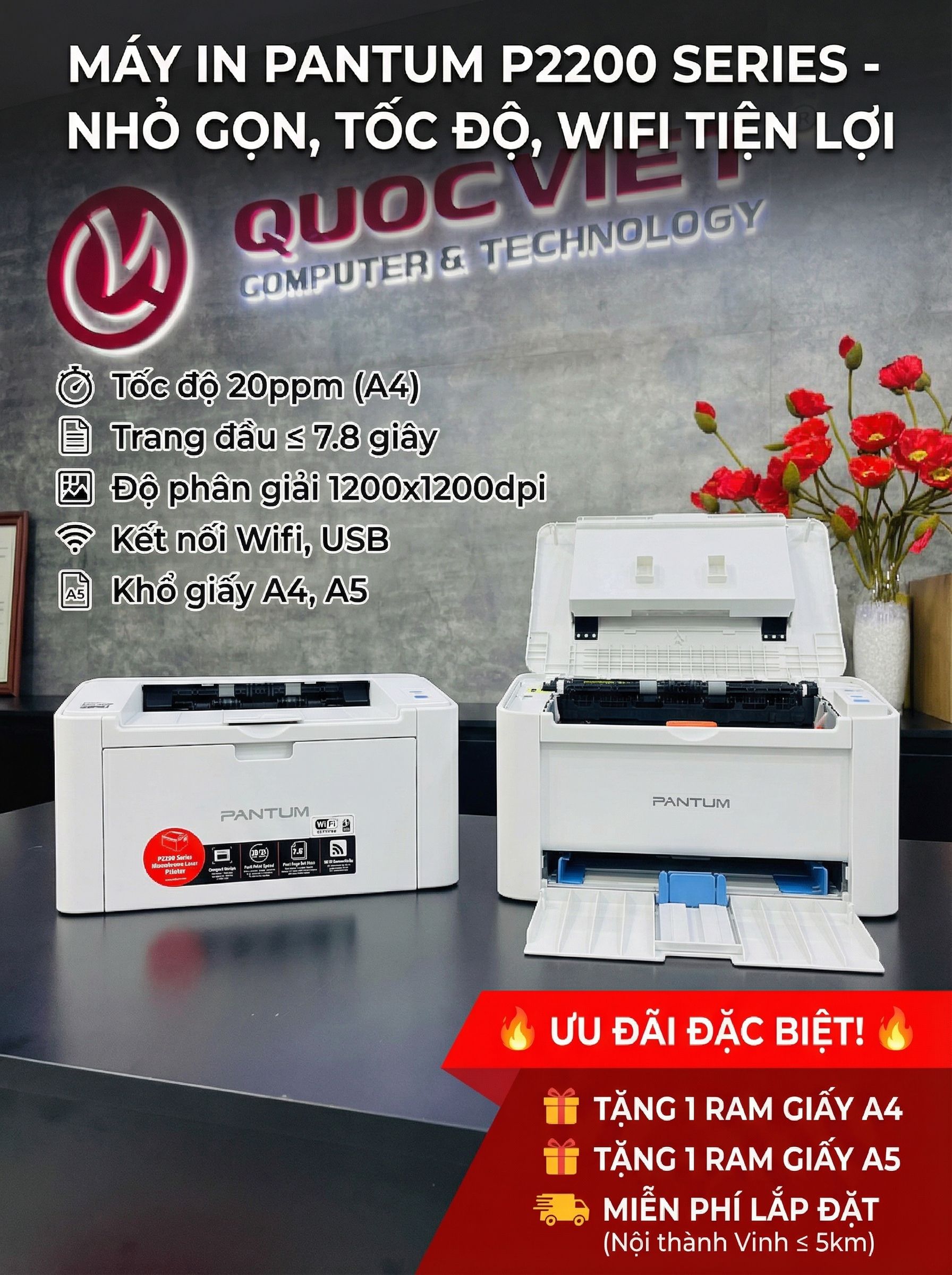 Máy in laser đen trắng Pantum P2200W (A4/A5/ USB/ WIFI)