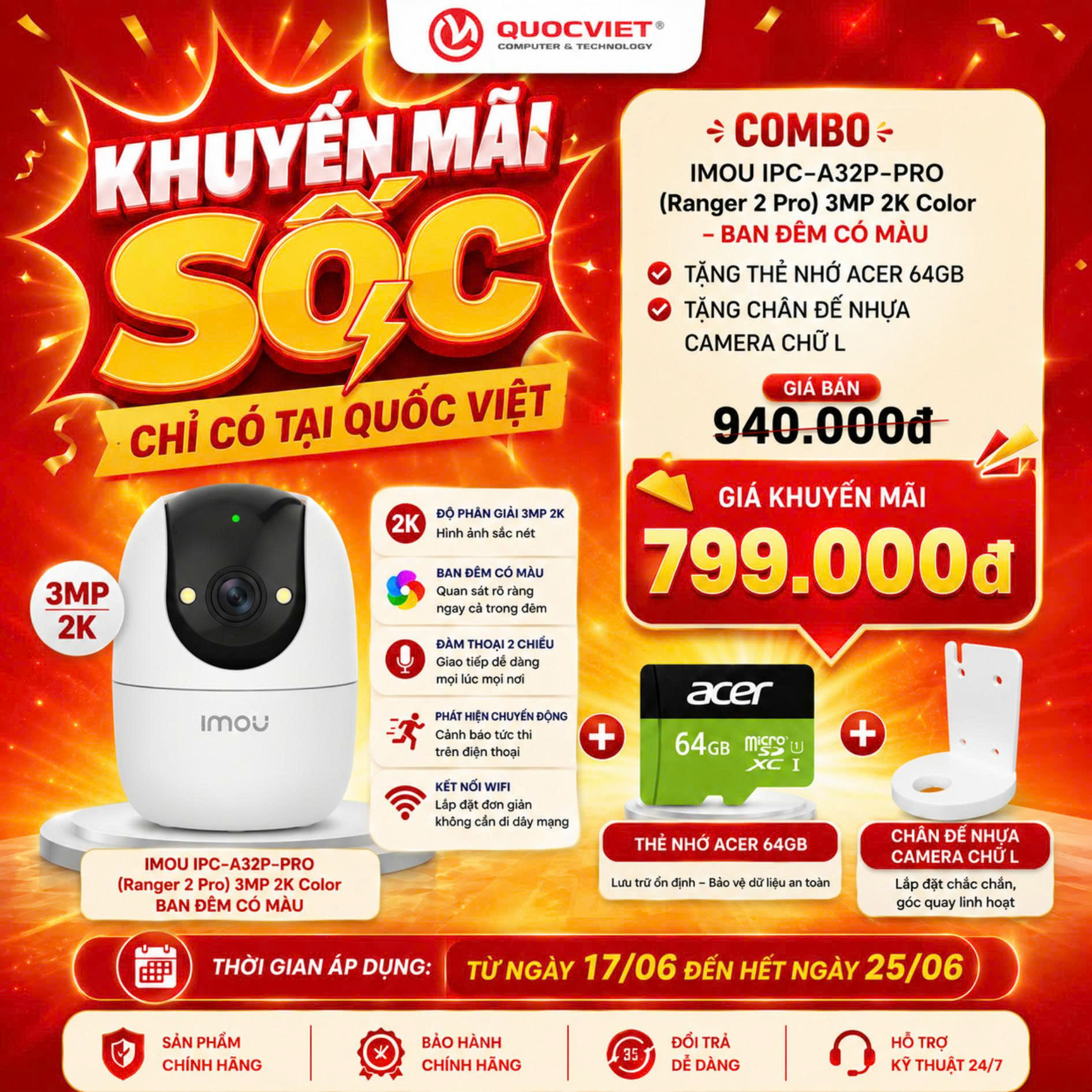 Camera IMOU IPC-A32P-PRO (Ranger 2 Pro) 3MP 2K quay quét 360 độ