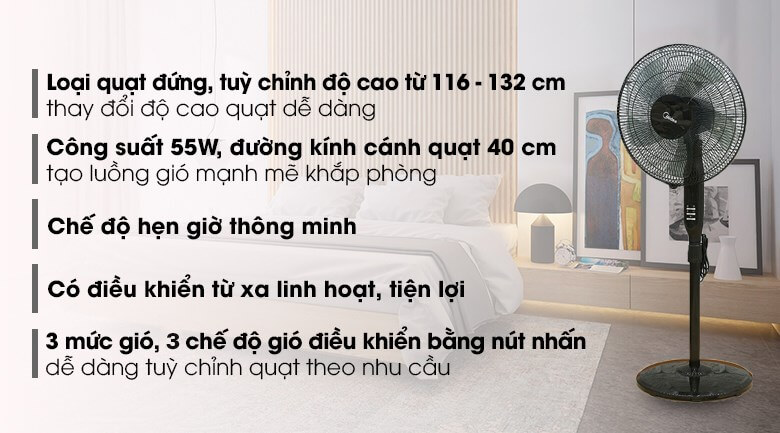 Quạt đứng Midea FS40-15QR, 55W, Có remote, 5 cánh