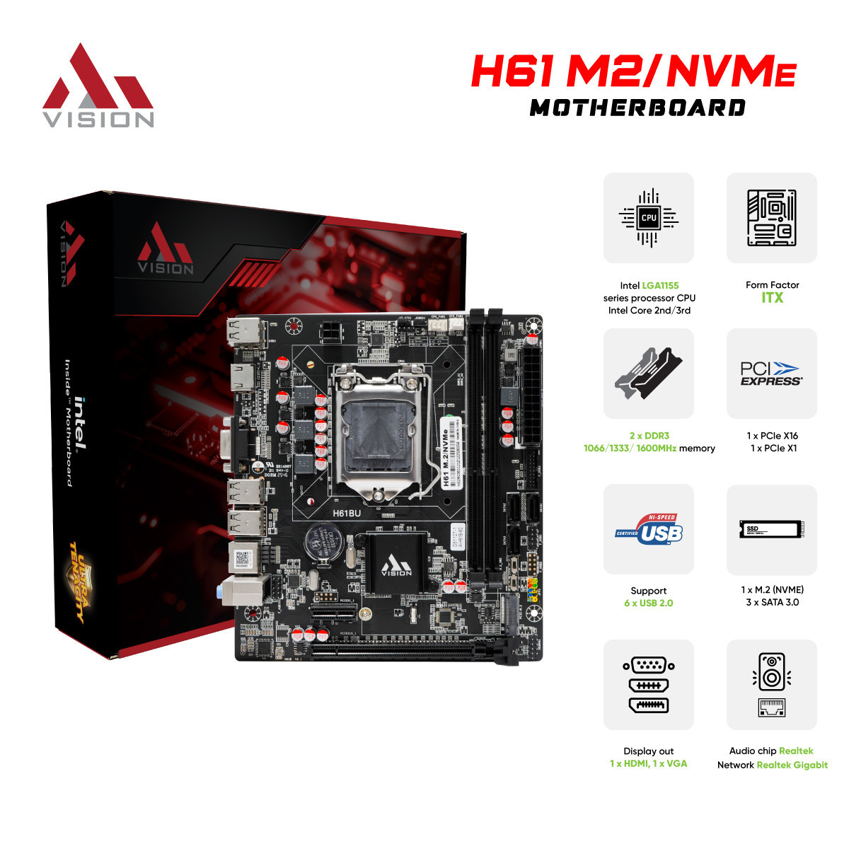 Bo mạch chủ AIVISION H61 M.2/NVMe socket 1155 Pentium/ Celeron