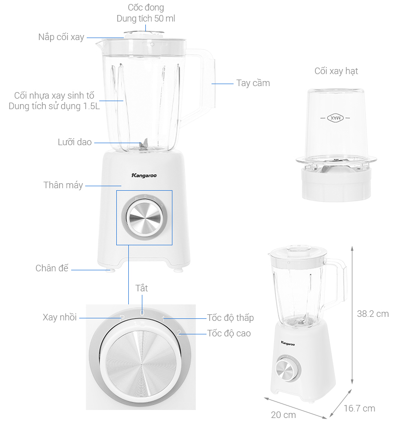 Máy xay sinh tố 2 cối Kangaroo KGBL2P2 - Công suất 700w