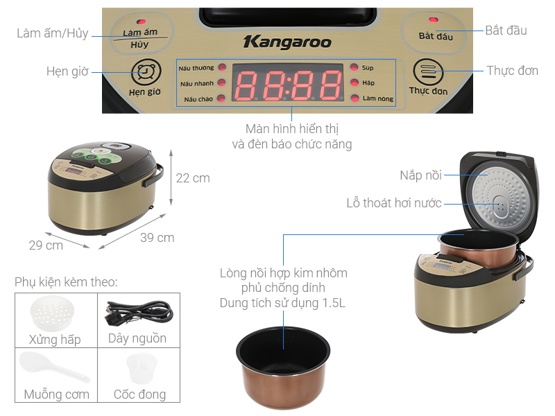 Nồi cơm điện tử 1.5L Kangaroo KG15RCE2