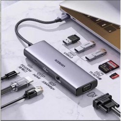 Dây chuyển đổi Ugreen Hub USB Type-C 9 trong 1 ra HDMI 4K@30Hz VGA USB 3.0/Lan 1Gbps/Sạc 100W(15600)