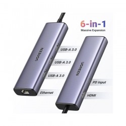 Bộ chuyển USB-C 6 in 1 CM512, HDMI 4K@30Hz + 3x USB 3.0 + Lan 1Gbps + PD100W Ugreen (15598)