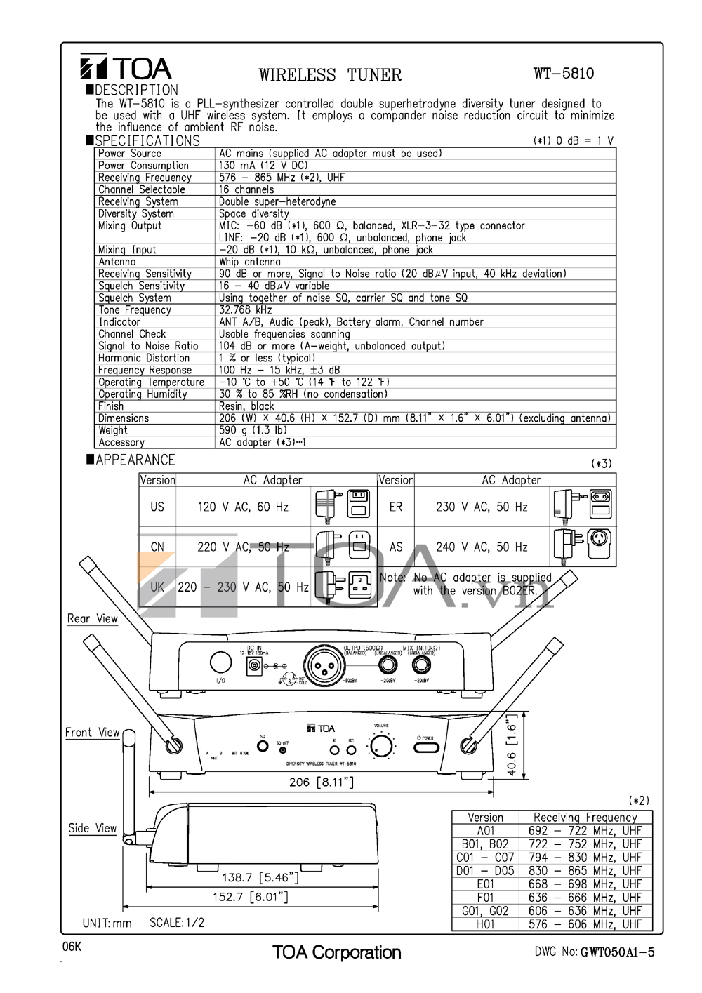 KHOI THU KHONG DAY UHF TOA WT 5810, KHOI THU UHF TOA WT 5810, TOA WT 5810