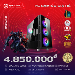 Bộ PC GAMING Giá rẻ dưới 5 triệu AMD 3200G/A320/Ram8G/SSD256/Power350/Case led